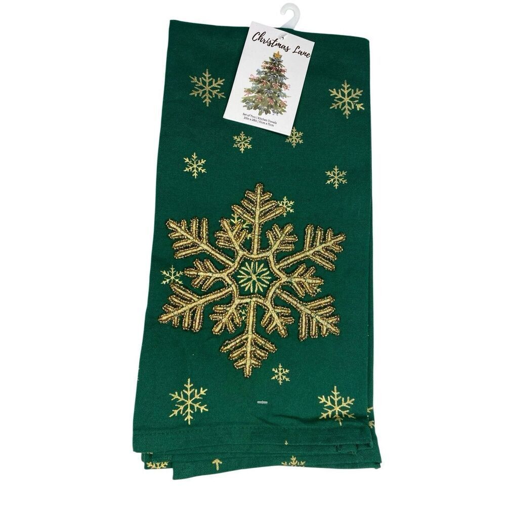 Set Of 2 Nwt Christmas Lane Gold Snowflake Beaded Kitchen Towels 20x28 Holiday